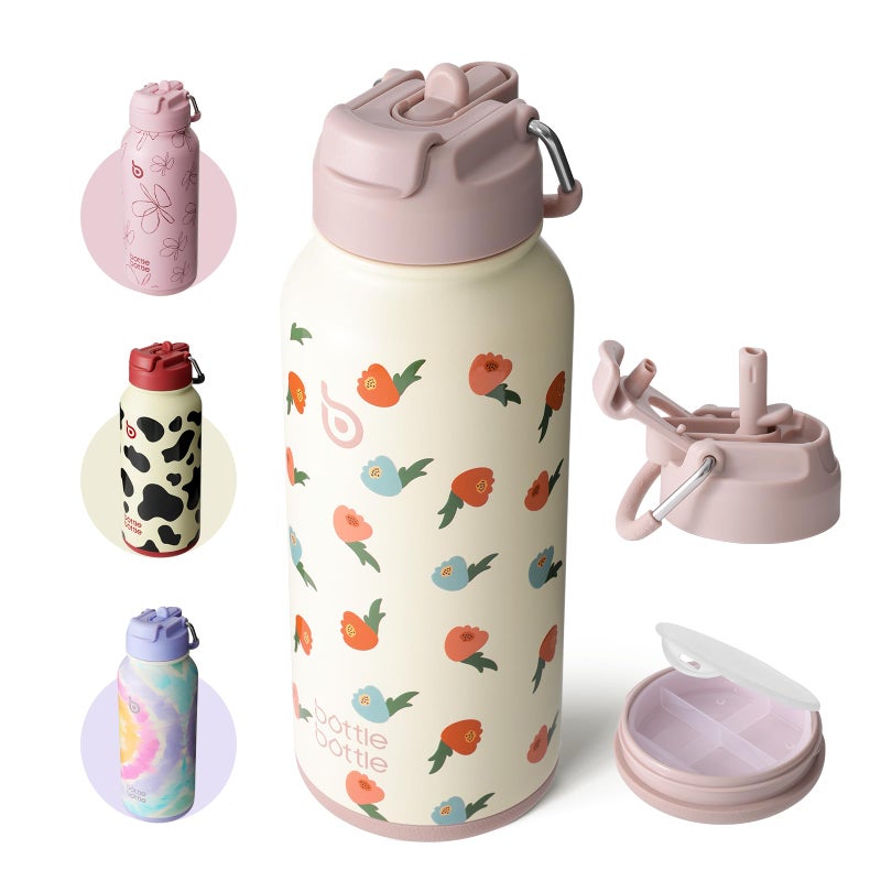 BOTTLE BOTTLE 32oz Insulated Water Bottle Stainless Steel Sport Water Bottle with Straw Dual-use Lid Design for Gym with Pill Box (Buds Rain) - Image 1