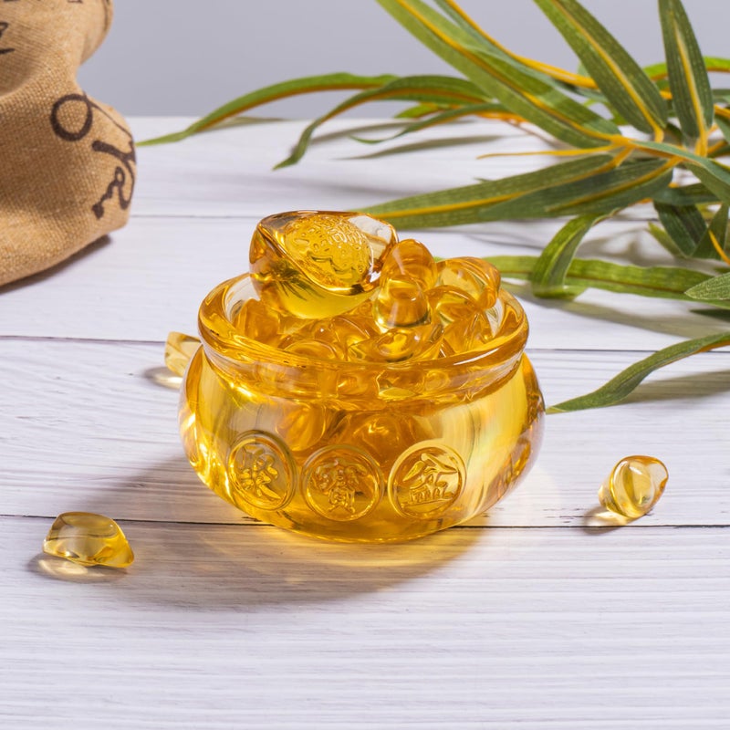 AOFEGRLT 3.15" Glass Wealth Bowl with 1 Large & 42 Small Ingots, Golden Treasure Basin Feng Shui Money Bowl for Home Office - Image 4