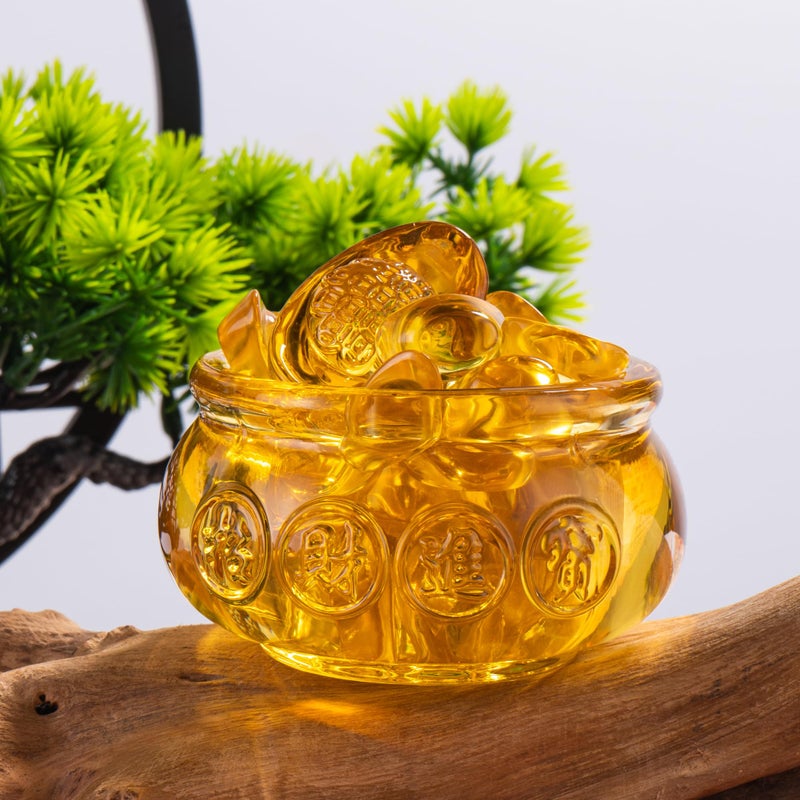 AOFEGRLT 3.15" Glass Wealth Bowl with 1 Large & 42 Small Ingots, Golden Treasure Basin Feng Shui Money Bowl for Home Office - Image 2