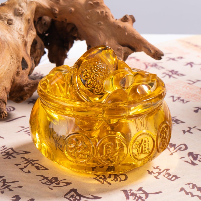 AOFEGRLT 3.15" Glass Wealth Bowl with 1 Large & 42 Small Ingots, Golden Treasure Basin Feng Shui Money Bowl for Home Office - Image 5
