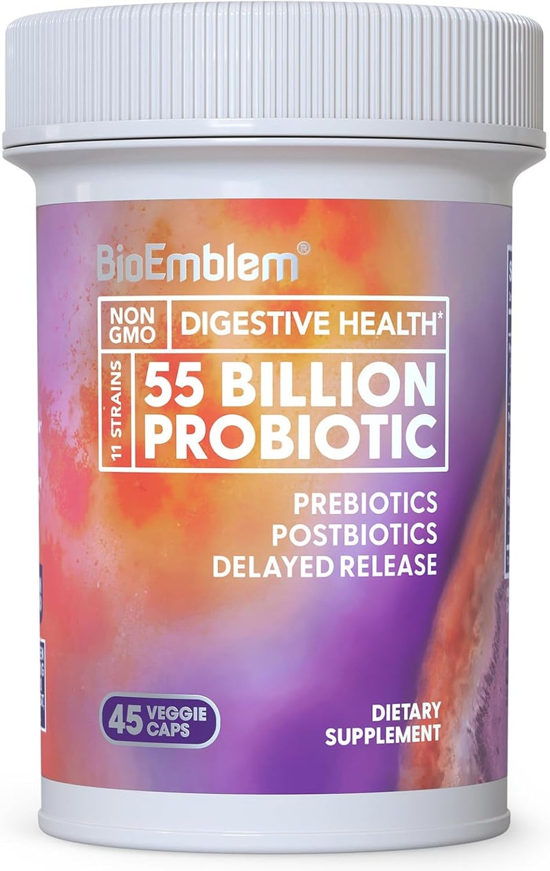 BioEmblem Probiotics for Women  Men  55 Billion CFU  11 Strains with Prebiotics  Postbiotics  Jerusalem Artichoke  Inulin  Digestive  Immune Support Nutrient Absorption  NonGMO45 Capsules - Image 1