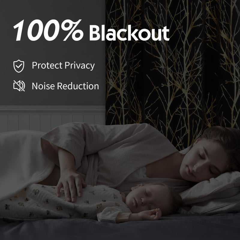 FMFUNCTEX 100% Blackout Curtains for Bedroom  Gold Foil on Black Curtains 84 Inches Long Curtains for Living Room  Metallic Tree Branch Print Drapes  Thermal Insulated Curtain Grommet Top 2 Panels - Image 4