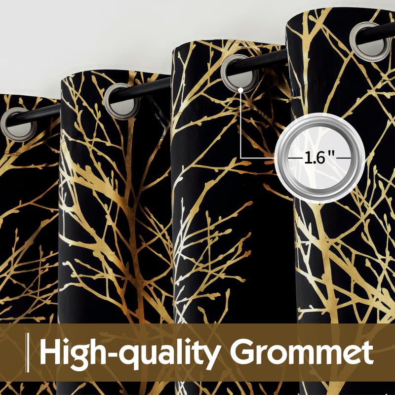FMFUNCTEX 100% Blackout Curtains for Bedroom  Gold Foil on Black Curtains 84 Inches Long Curtains for Living Room  Metallic Tree Branch Print Drapes  Thermal Insulated Curtain Grommet Top 2 Panels - Image 3