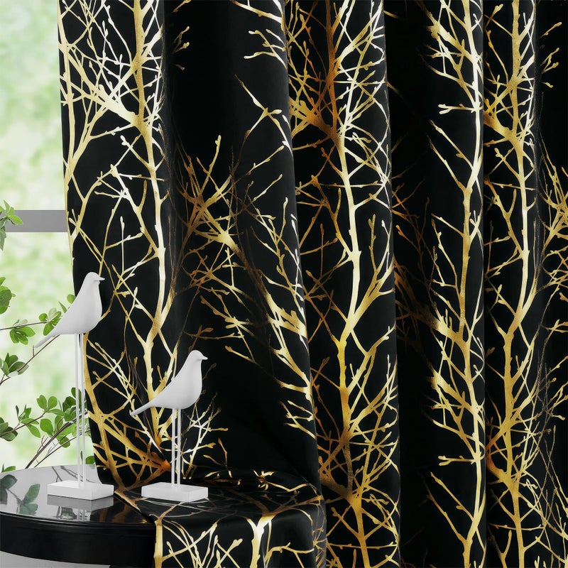 FMFUNCTEX 100% Blackout Curtains for Bedroom  Gold Foil on Black Curtains 84 Inches Long Curtains for Living Room  Metallic Tree Branch Print Drapes  Thermal Insulated Curtain Grommet Top 2 Panels - Image 1