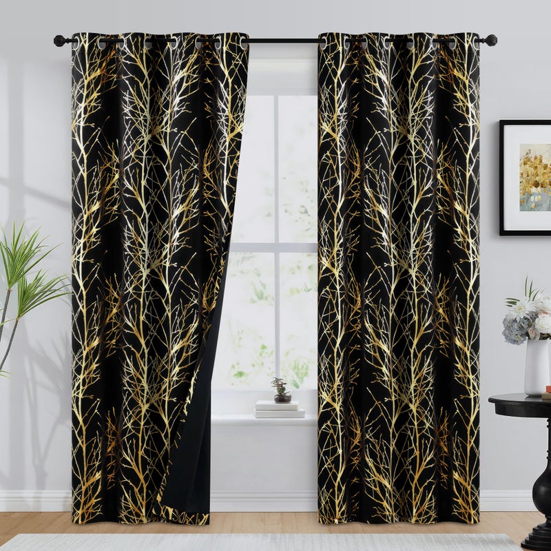 FMFUNCTEX 100% Blackout Curtains for Bedroom  Gold Foil on Black Curtains 84 Inches Long Curtains for Living Room  Metallic Tree Branch Print Drapes  Thermal Insulated Curtain Grommet Top 2 Panels - Image 2