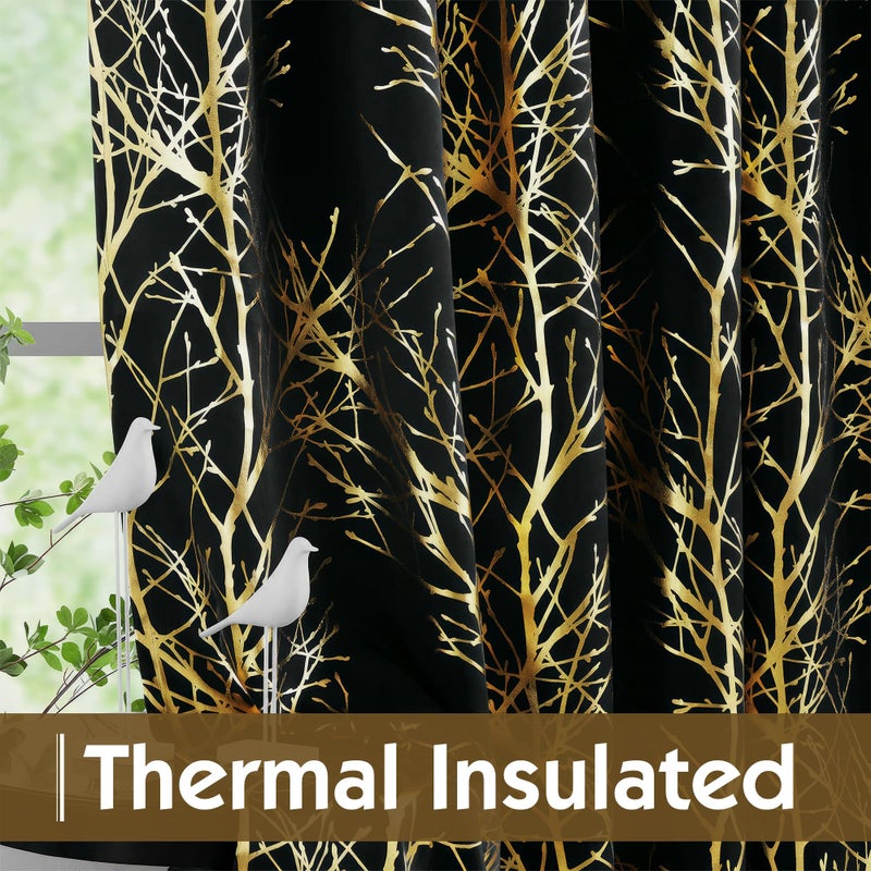 FMFUNCTEX 100% Blackout Curtains for Bedroom  Gold Foil on Black Curtains 84 Inches Long Curtains for Living Room  Metallic Tree Branch Print Drapes  Thermal Insulated Curtain Grommet Top 2 Panels - Image 5