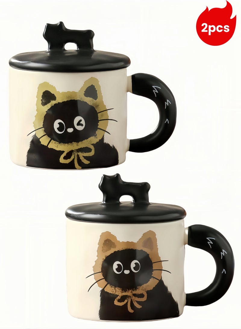 nihao 2 Pcs Creative Cat Mug with Lid,Tumbler, Cute Ceramic Drinking Cup, Coffee Cup, Office Cup - 360ML - Image 1