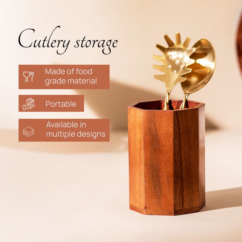 nestroots Wooden Cutlery Holder Spoon Stand For Kitchen | 6.5 Inch Brown | Cutlery Holder For Dining Table | Wooden Caddy Storage Organiser Stand Caddy Holder | Stylish & Functional Kitchen Décor - Image 4