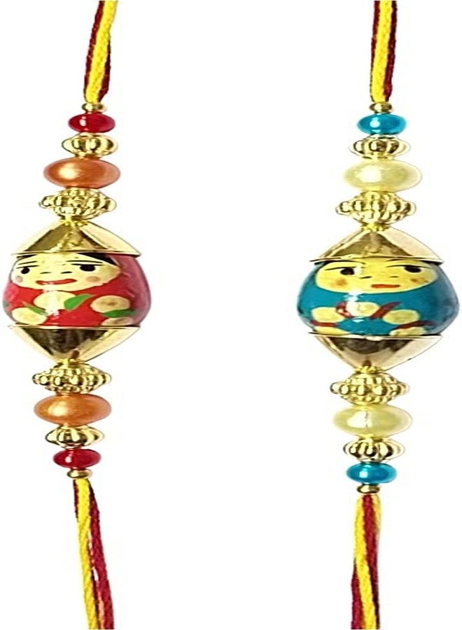 Krishna Rakhi set for Bhaiya Bhabhi Fancy Red and Blue wooden pendal beads designer for Rakshabandhan Bhaiya Bhabhi rakhi in pair - Image 1