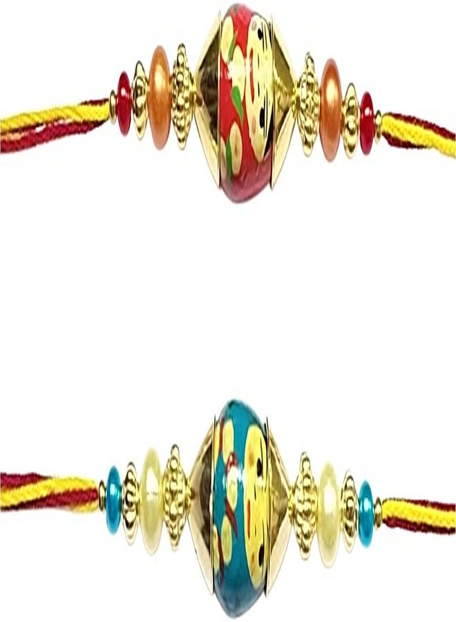Krishna Rakhi set for Bhaiya Bhabhi Fancy Red and Blue wooden pendal beads designer for Rakshabandhan Bhaiya Bhabhi rakhi in pair - Image 2