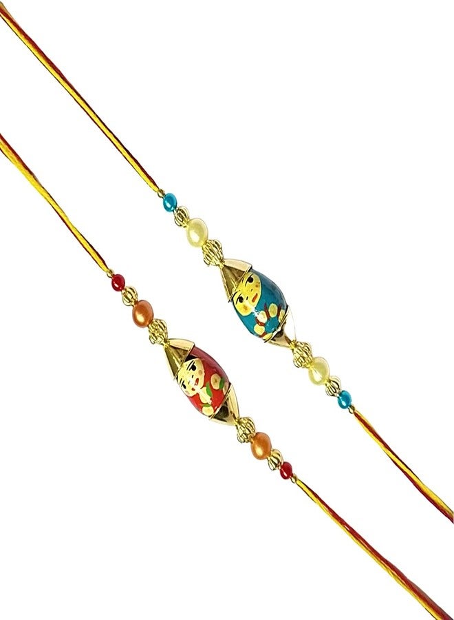 Krishna Rakhi set for Bhaiya Bhabhi Fancy Red and Blue wooden pendal beads designer for Rakshabandhan Bhaiya Bhabhi rakhi in pair - Image 3