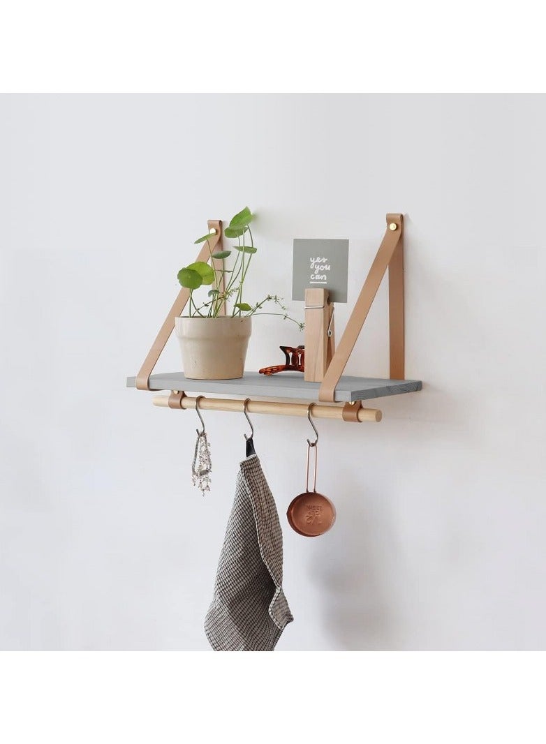 Home Gallery PU Biege Leather Strap Wall Floating Shelf  Gray - Image 1