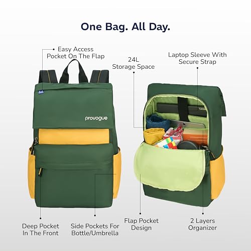 Provogue Plyn 24 litres everyday backpack bag for man with 15.6 inch laptop compartment, stylish contemporary daily use college, office & outdoor backpack bags for women with organiser (Forest Olive) - Image 2