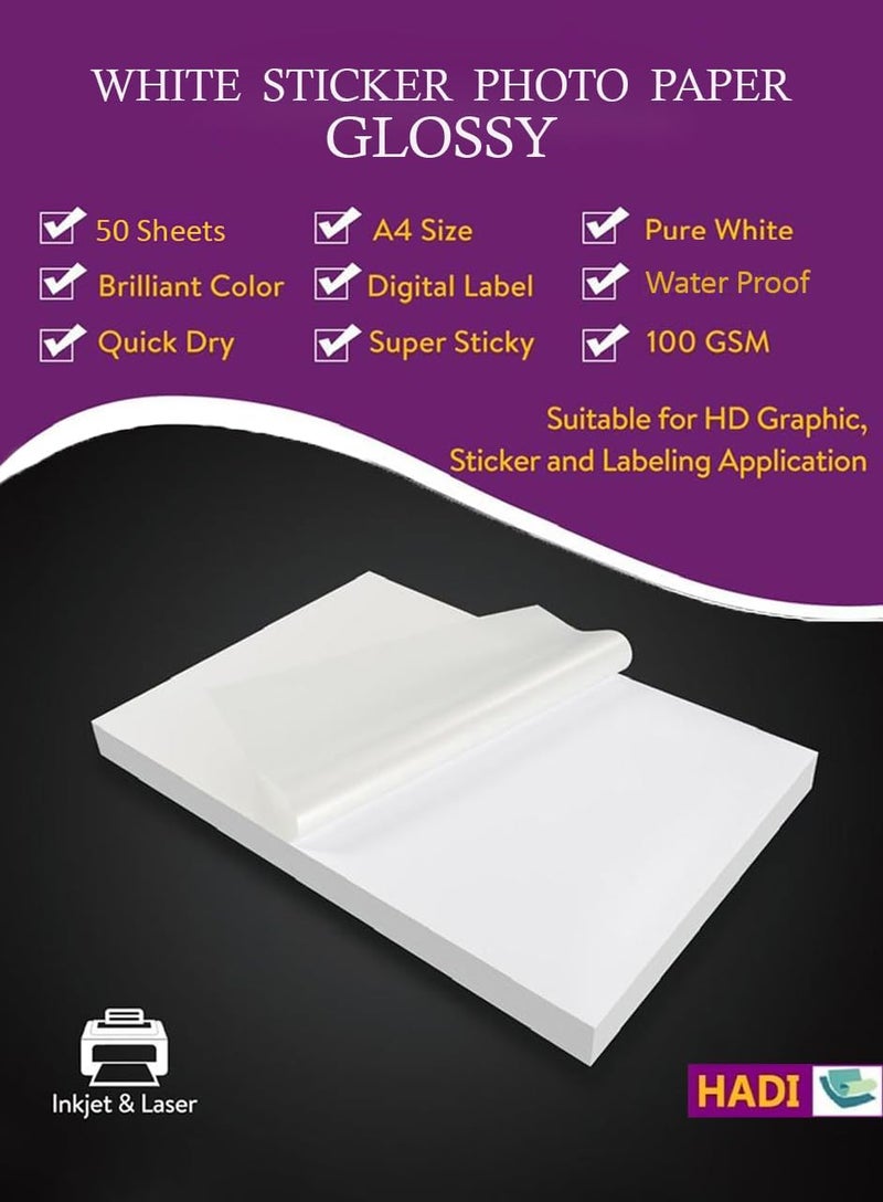 HADI A4 Glossy White Sticker Premium Photo Paper -50 sheets Self Adhesive Labels- Printable for Inkjet & Laser Printer-Waterproof -Brilliant Color,Quick Dry Multi use Full Sheet for DIY Personalized Decal - Image 1