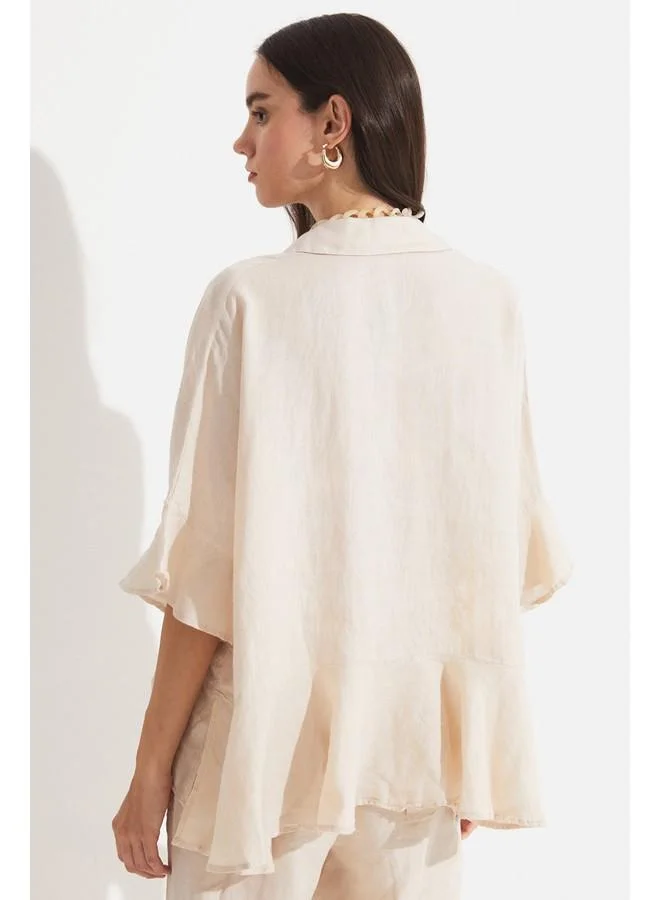 JUNE June Women Exclusive Regular Flounce Detailed Linen Shirt Light Beige