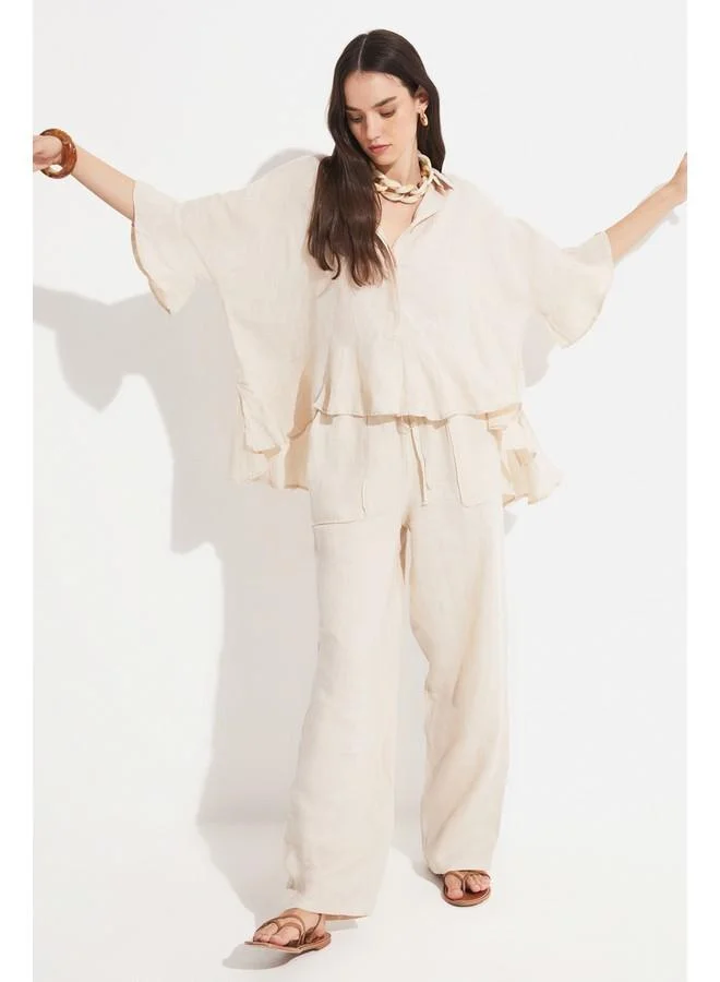JUNE June Women Exclusive Regular Flounce Detailed Linen Shirt Light Beige