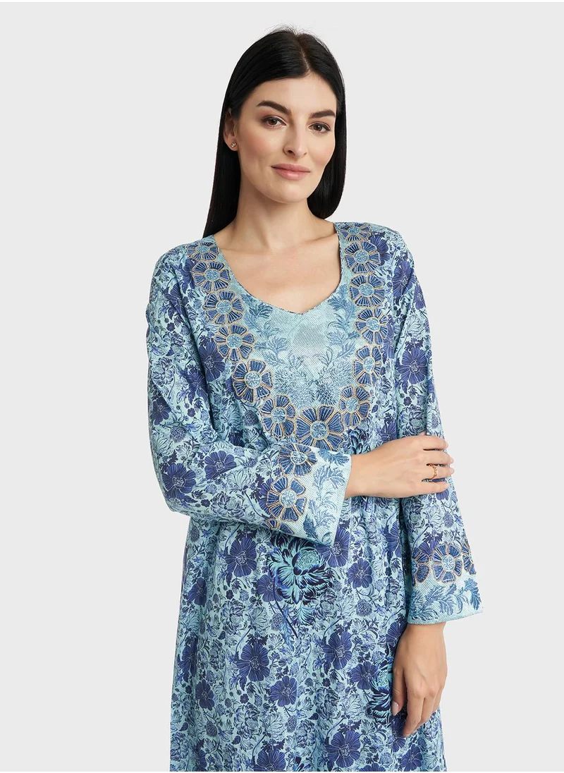 KASHKHA Cotton Floral Print Mukhawar Jalabiya with Stone Work