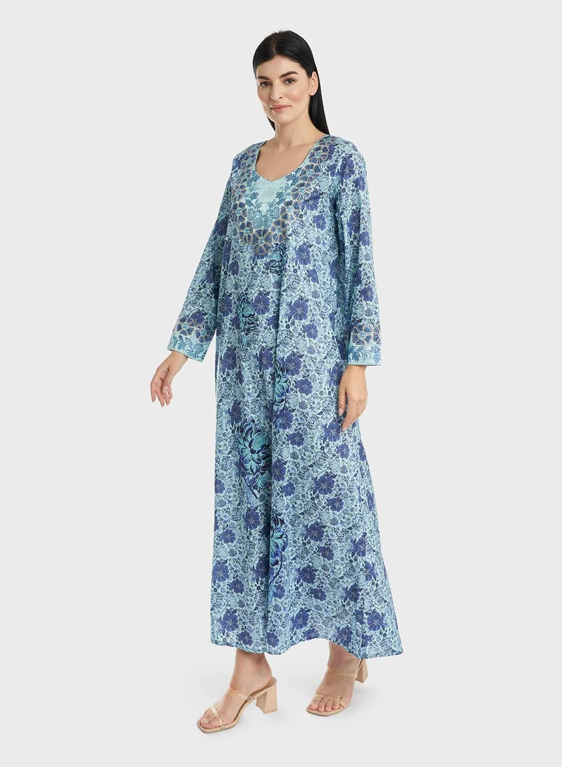 KASHKHA Cotton Floral Print Mukhawar Jalabiya with Stone Work