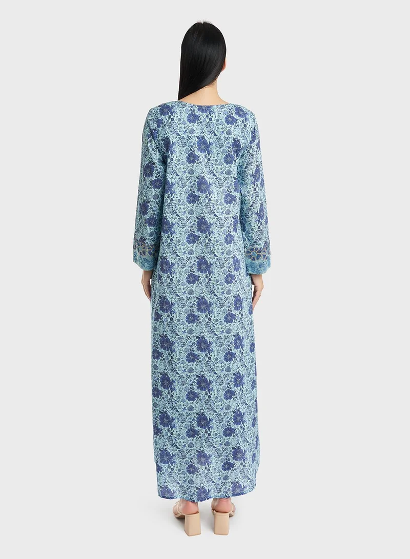 KASHKHA Cotton Floral Print Mukhawar Jalabiya with Stone Work