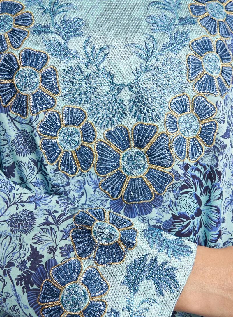 KASHKHA Cotton Floral Print Mukhawar Jalabiya with Stone Work