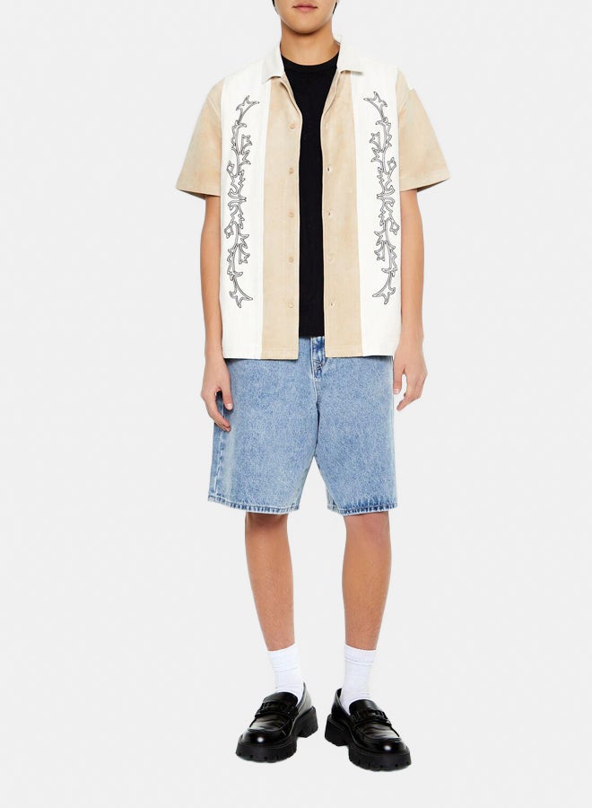 FOREVER 21 Embroidered Faux Suede Colorblock Shirt - Image 2