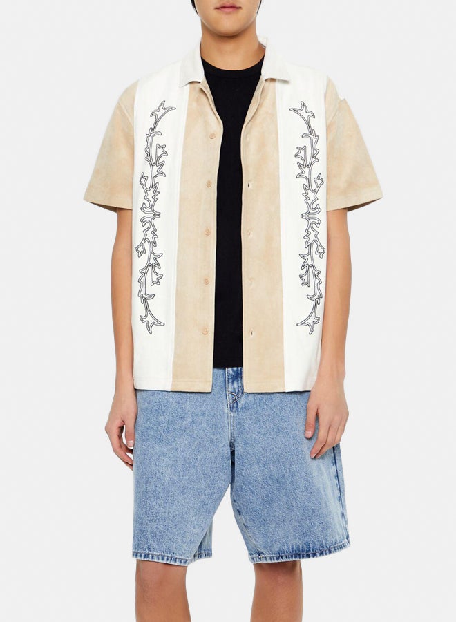 FOREVER 21 Embroidered Faux Suede Colorblock Shirt - Image 1