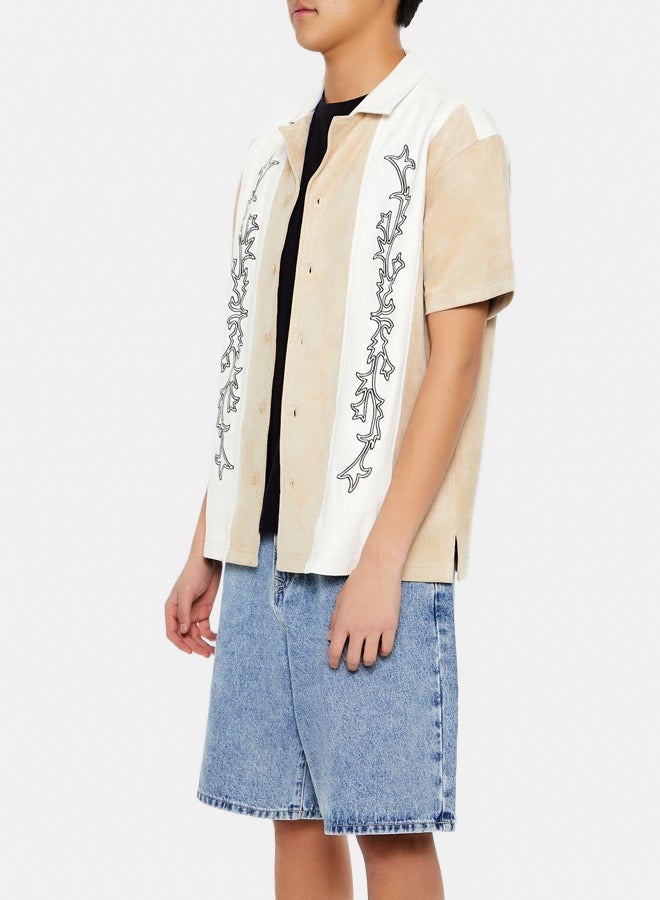 FOREVER 21 Embroidered Faux Suede Colorblock Shirt - Image 4