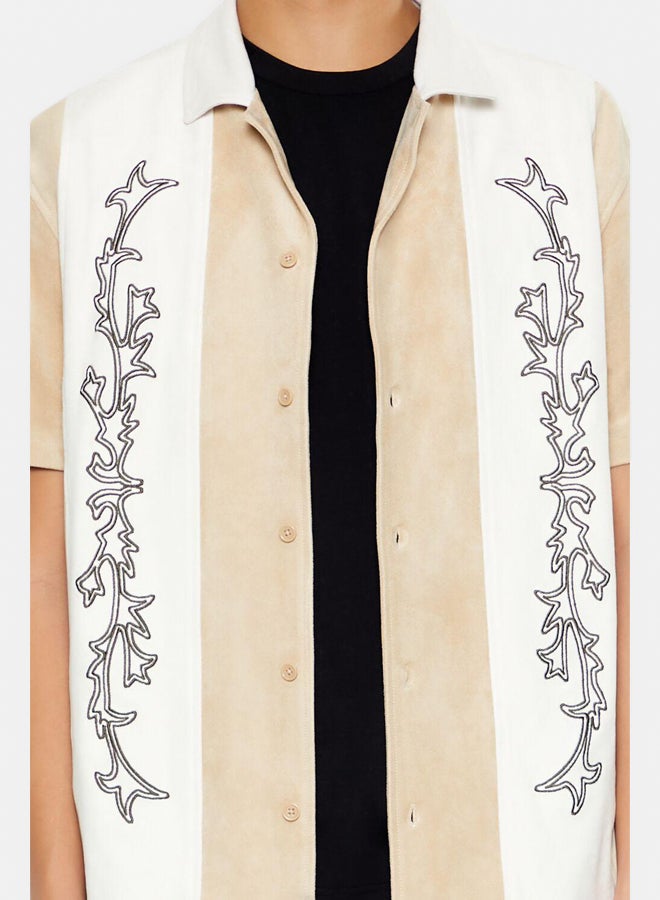 FOREVER 21 Embroidered Faux Suede Colorblock Shirt - Image 3