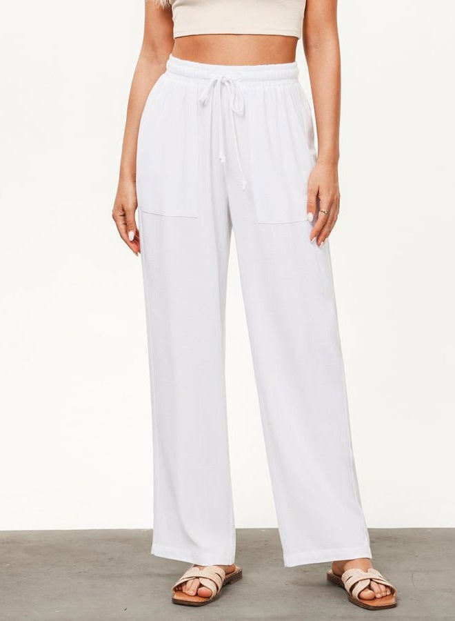 GRAPENT Linen Pants for Women Wide Leg High Waisted Baggy Drawstring Elastic Waist Palazzo Trousers Pants with Pockets, White, M - Image 3