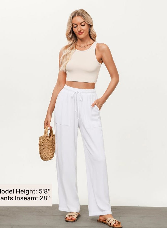 GRAPENT Linen Pants for Women Wide Leg High Waisted Baggy Drawstring Elastic Waist Palazzo Trousers Pants with Pockets, White, M - Image 4
