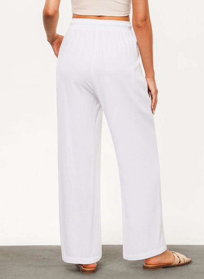 GRAPENT Linen Pants for Women Wide Leg High Waisted Baggy Drawstring Elastic Waist Palazzo Trousers Pants with Pockets, White, M - Image 2