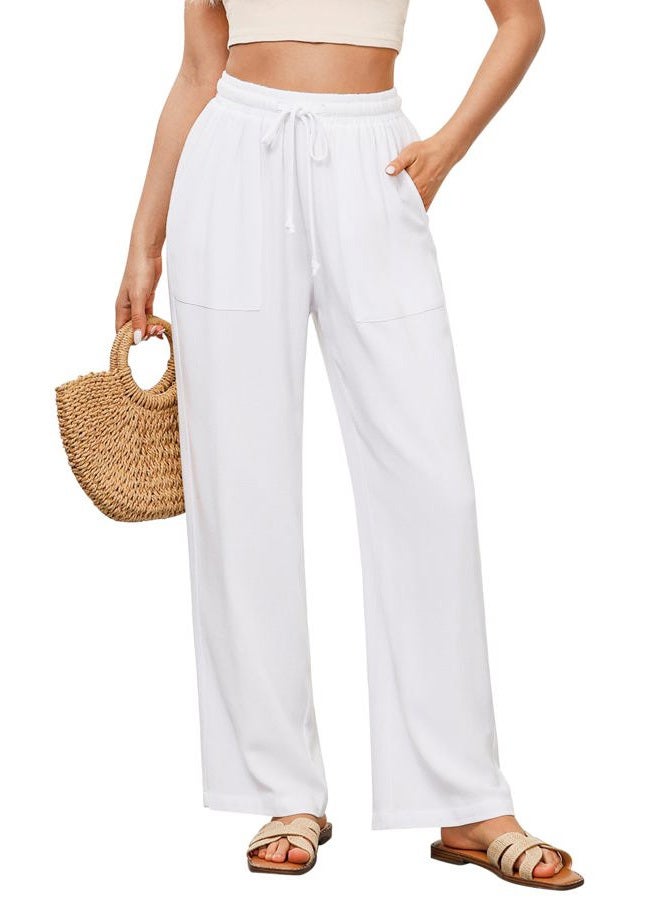 GRAPENT Linen Pants for Women Wide Leg High Waisted Baggy Drawstring Elastic Waist Palazzo Trousers Pants with Pockets, White, M - Image 1