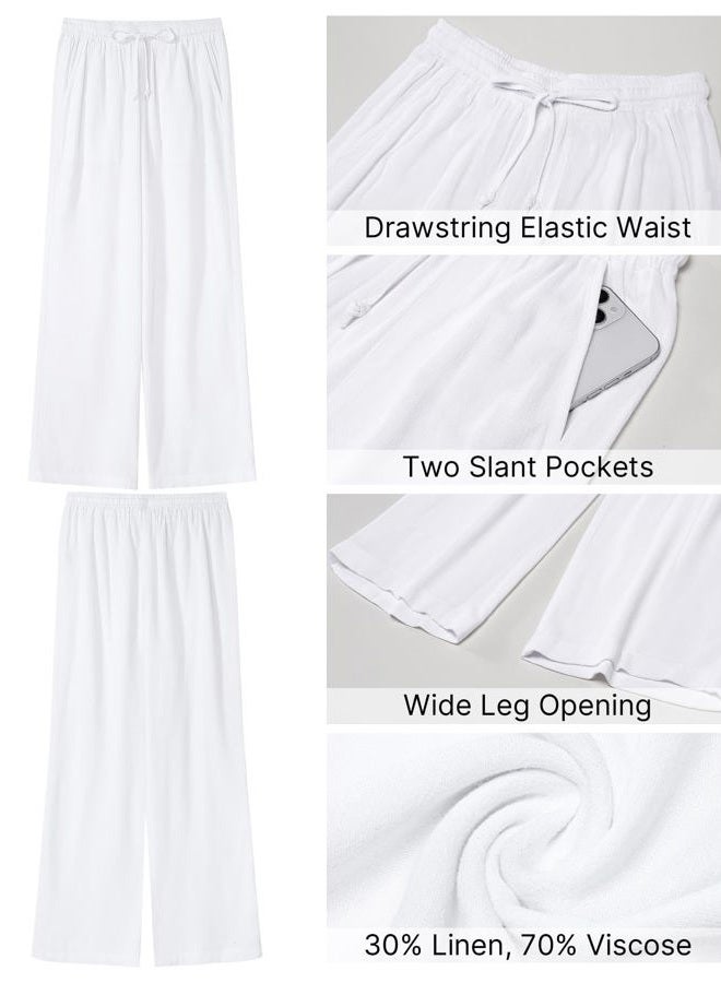 GRAPENT Linen Pants for Women Wide Leg High Waisted Baggy Drawstring Elastic Waist Palazzo Trousers Pants with Pockets, White, M - Image 5