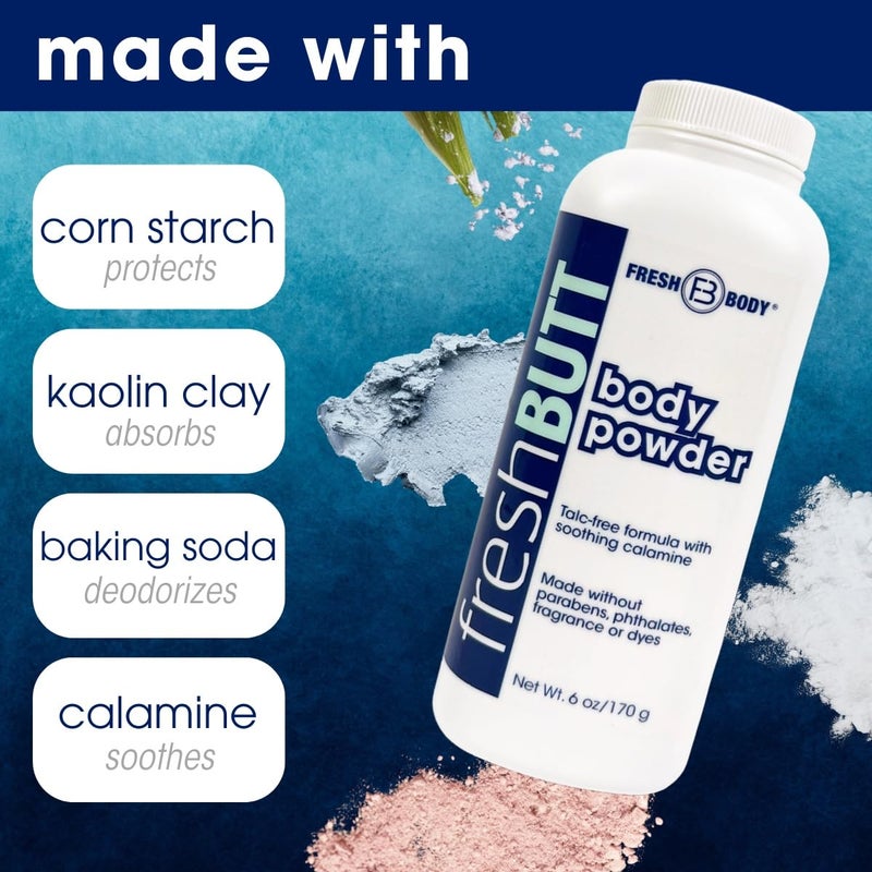 Fresh Body FB Fresh Butt Body Powder for Women & Men - Anti-Chafing, Anti-Itch, Odor & Sweat Absorbing + Calamine - Friction Fighting, Talc-Free, Unscented, 6oz - Image 4
