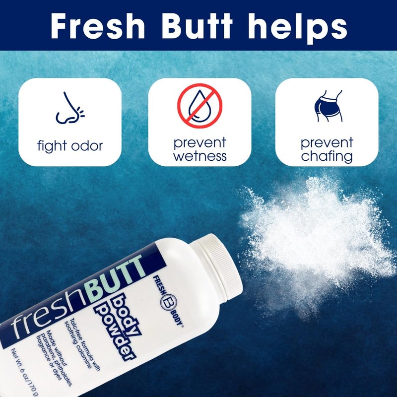 Fresh Body FB Fresh Butt Body Powder for Women & Men - Anti-Chafing, Anti-Itch, Odor & Sweat Absorbing + Calamine - Friction Fighting, Talc-Free, Unscented, 6oz - Image 3