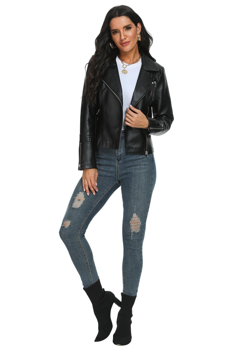 Fahsyee Women's Black Leather Jackets, Faux Motorcycle Bomber Moto Bike Plus Size Coat Short Lightweight Vegan Pleather Fashion XXL - Image 2