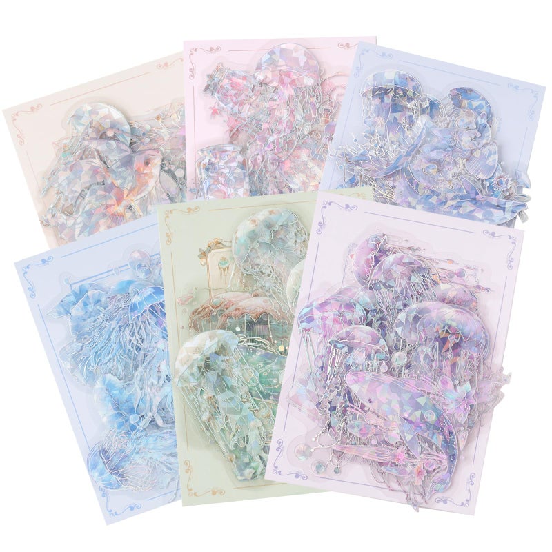 Heliltd 120Pcs Holographic Jellyfish Deco Stickers - Glitter Ocean Life Transparent Stickers for Junk Journal & Water Bottle - Image 1