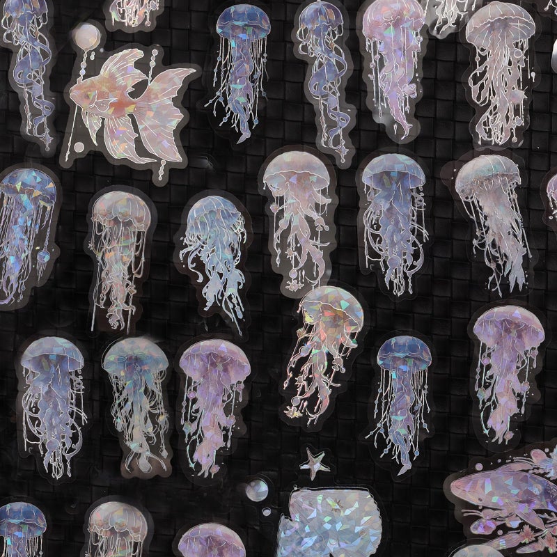 Heliltd 120Pcs Holographic Jellyfish Deco Stickers - Glitter Ocean Life Transparent Stickers for Junk Journal & Water Bottle - Image 3