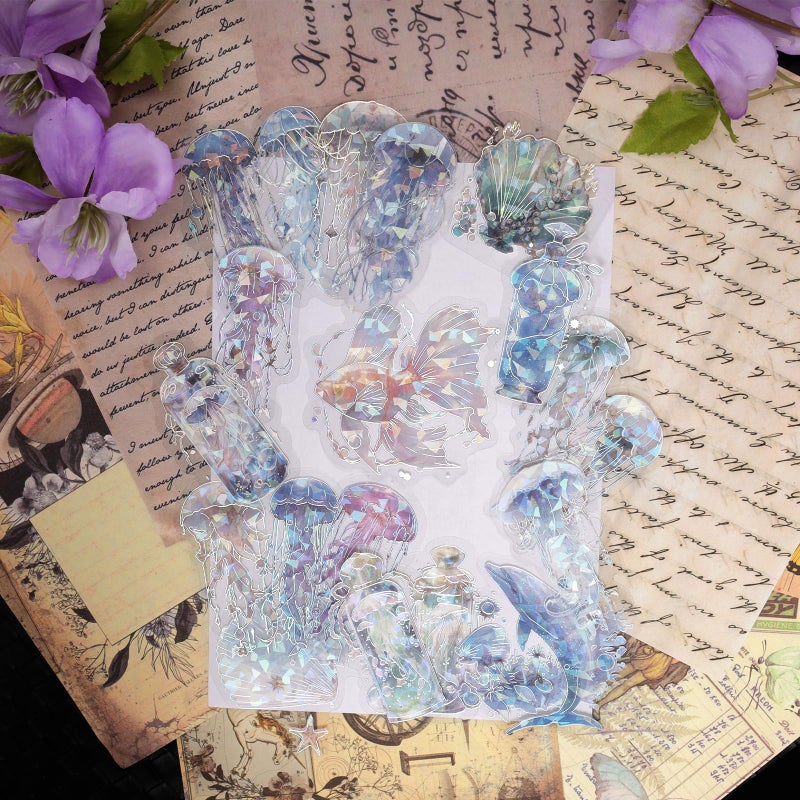 Heliltd 120Pcs Holographic Jellyfish Deco Stickers - Glitter Ocean Life Transparent Stickers for Junk Journal & Water Bottle - Image 4