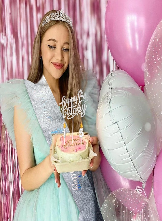 Hapdoo 15th Birthday Decorations for Girls, Including Birthday Rhinestone Crown Tiara, Glitter Sash, Happy Birthday Cake Topper and Number Candles, 15 Year Old Decorations Gifts for Girl - Image 2