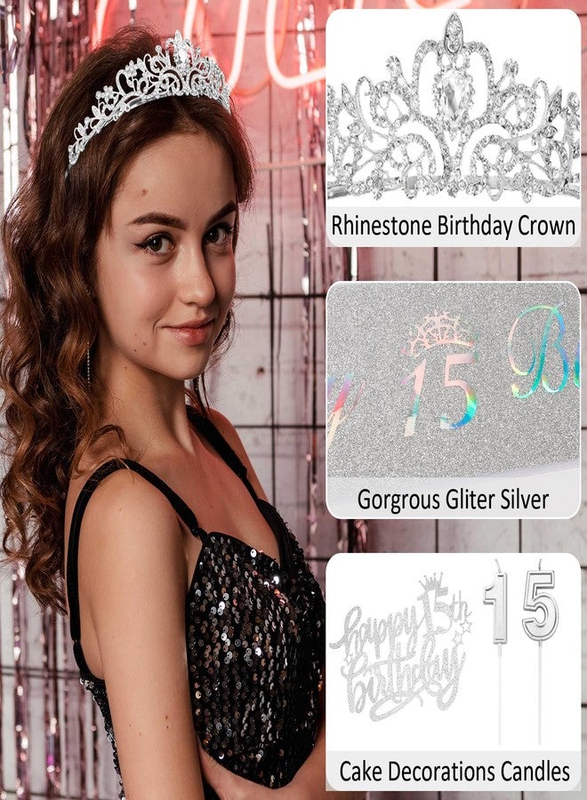Hapdoo 15th Birthday Decorations for Girls, Including Birthday Rhinestone Crown Tiara, Glitter Sash, Happy Birthday Cake Topper and Number Candles, 15 Year Old Decorations Gifts for Girl - Image 4