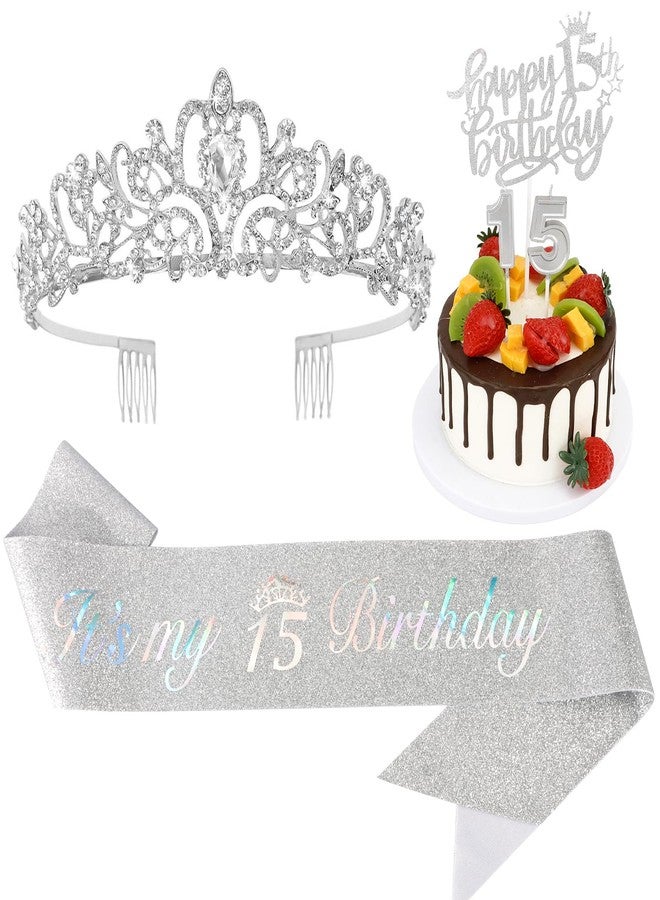 Hapdoo 15th Birthday Decorations for Girls, Including Birthday Rhinestone Crown Tiara, Glitter Sash, Happy Birthday Cake Topper and Number Candles, 15 Year Old Decorations Gifts for Girl - Image 1