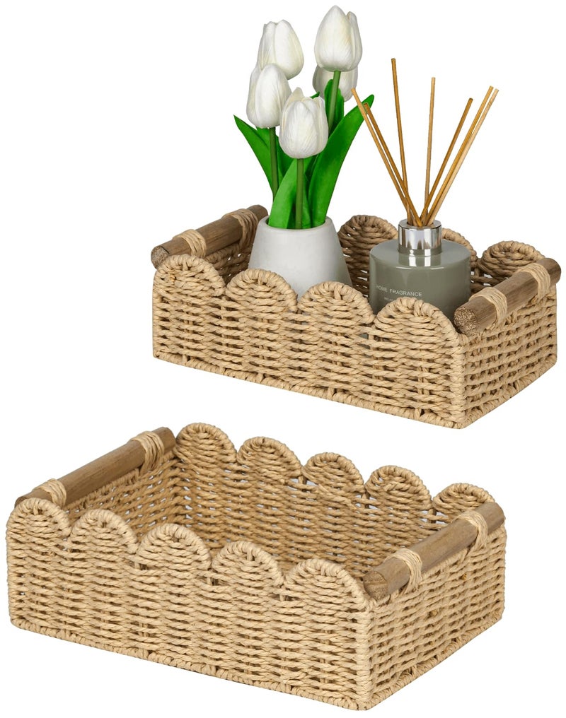 CubesLand Toilet Paper Storage Organizer Basket, Scalloped Decorative Baskets for Over Toilet Shelves, Wicker Small Basket Perfect for Home Countertop Storage & Decor, Living Room Shelf Decor, Beige - Image 1