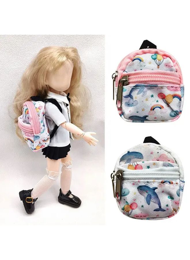 White Doll House Mini School Backpack Double Zipper Durable Textile Rainbow Clouds Design - Image 2