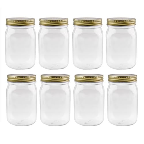 Cornucopia Brands 16oz Clear Plastic Mason Jars 8Pack Gold Metal Lids PET BPAFree Mason Style wOne Piece Lids 2CupPint Capacity - Image 1