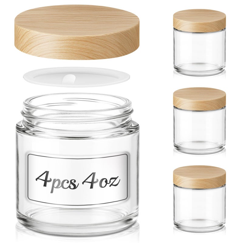 Bumobum 4 oz Small Glass Jars with Lids, Bumobum Clear Cosmetic Jars with Plastic Woodgrain Lids, 120ml Refillable Empty Containers for Cream, Salve, Powders and Lotion Storage, 4 Pack - Image 1