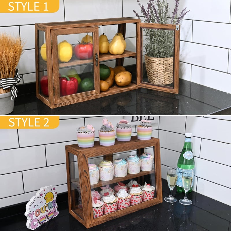 MOOCA Wood and Glass Display Case, Double Door with Adjustable 2-Level Collectible Display Case for Mini Funko Pop Figures, Bakery Pastry Container, Jewelry Organizer Storage, Brown Color - Image 4