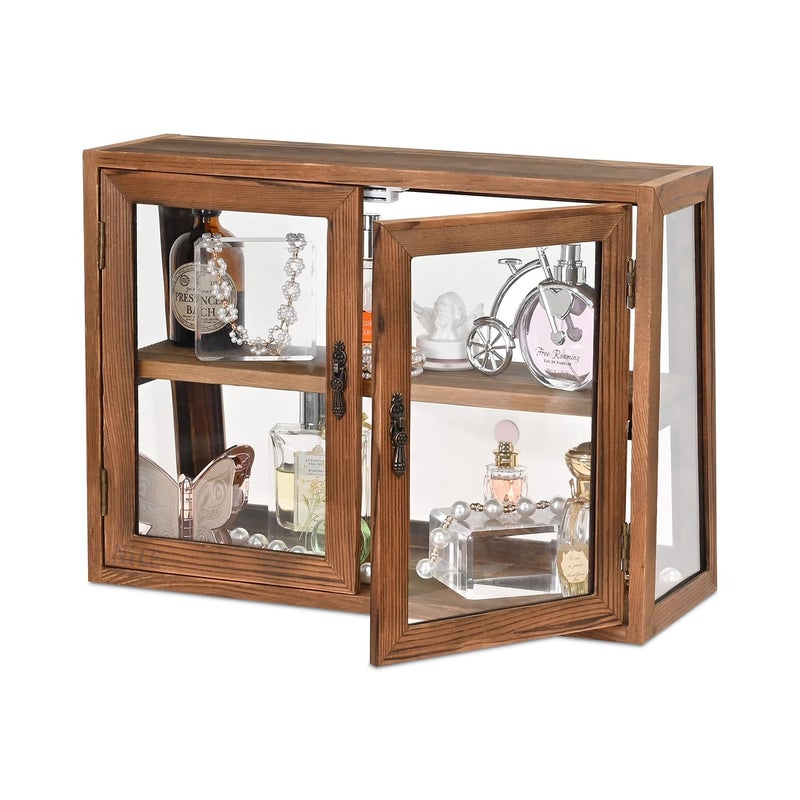 MOOCA Wood and Glass Display Case, Double Door with Adjustable 2-Level Collectible Display Case for Mini Funko Pop Figures, Bakery Pastry Container, Jewelry Organizer Storage, Brown Color - Image 1