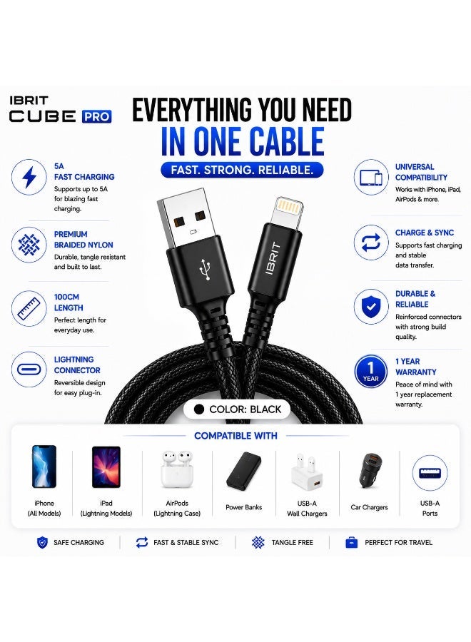 إبريت إيبريت كيوب برو كابل USB-A إلى Lightning نايلون للشحن السريع 5 أمبير بطول 100 سم، كابل Lightning مضفر، أسود - Image 3
