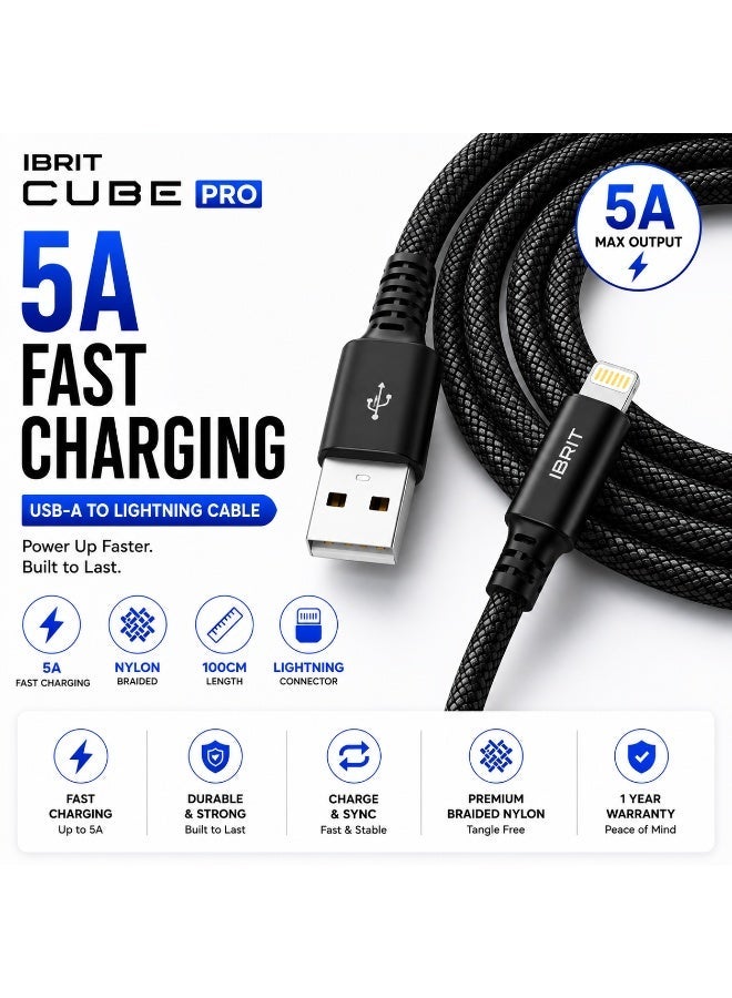 إبريت إيبريت كيوب برو كابل USB-A إلى Lightning نايلون للشحن السريع 5 أمبير بطول 100 سم، كابل Lightning مضفر، أسود - Image 2